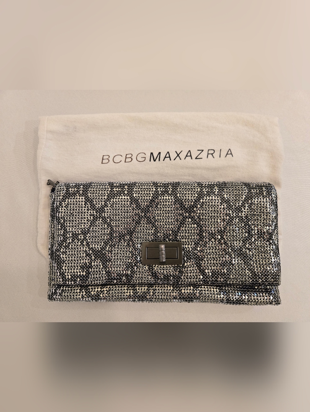 BCBGMAXAZRIA Silver Snake-Print Clutch
